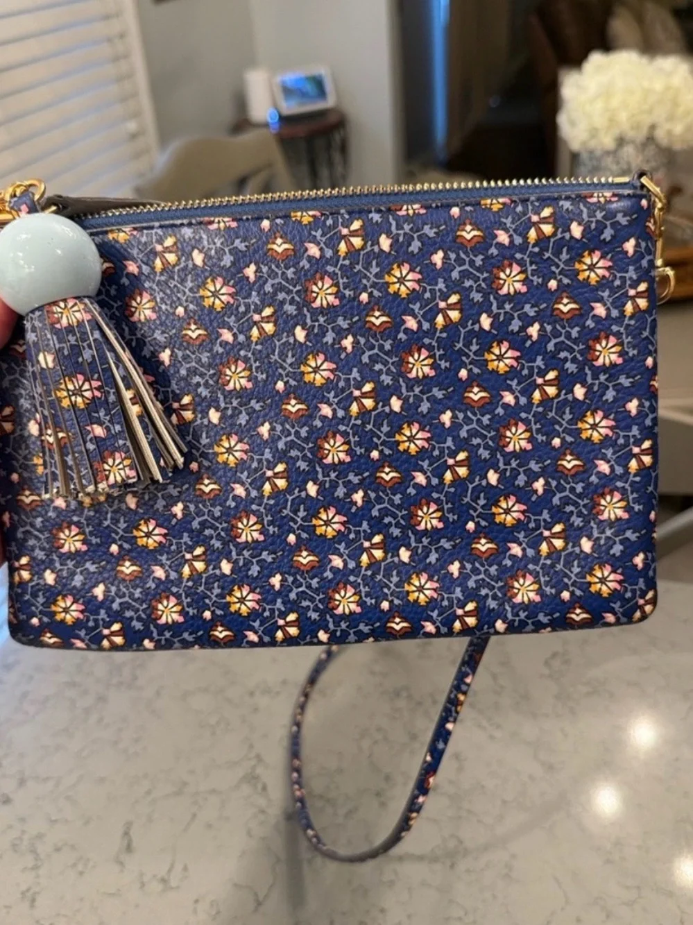 Tory Burch Colorblock Leather Tassel Crossbody Bag Clutch Blue Wild Pansy Floral